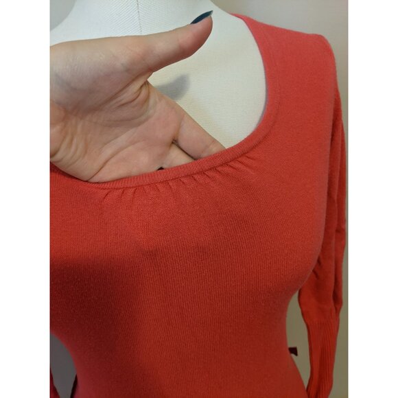 Vintage Y2K Scoop Neck Coral Sweater Minimalist 3/4 Sleeve Fall Ribbed Orange M - Picture 5 of 11